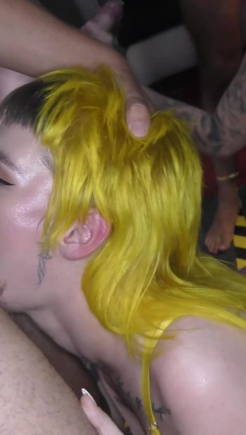 Thick Tattooed Chick Gets in the Middle of Some Long Dicks