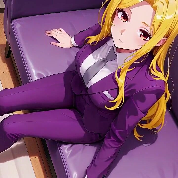 Blonde Boss in Purple Suit! Cyberpunk City Vs. Private Bedroom Contrast, Lazy Poses, Finger on Lips, Body Already Soaked!