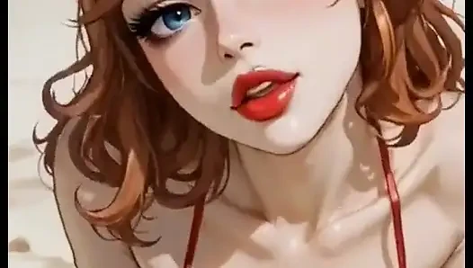 Sevimli kızıl saçlı bikini plajda inliyor, ai animasyon