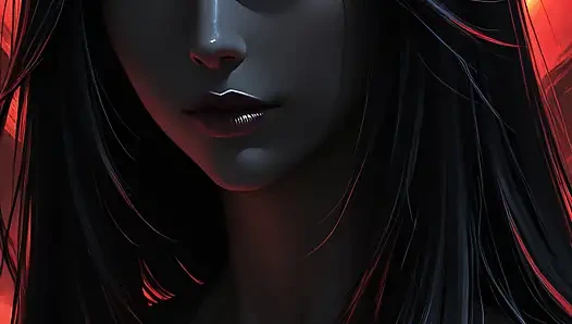 Slideshow ai art fantasi hitam wanita pejuang assassin shadow dengan rambut hitam jet dan amber eyes