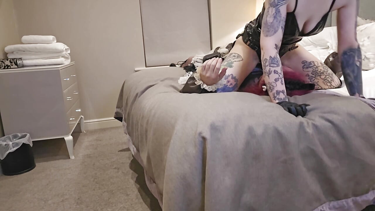 Miss Ruby Pvc Domme Throatfucks Sissy Maid with Huge Black Strap-on, Sph, Face Slapping with Dildo