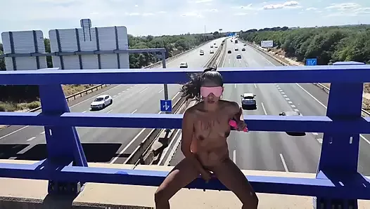 Horny Slut Naked on the Highway Bridge, Masturbating
