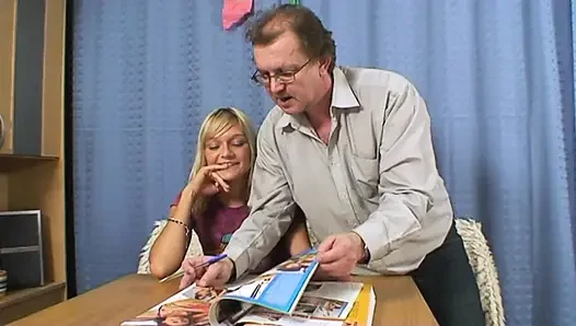 Blonde teen must give her most valuable jewels to a tricky old teacher to get a better grade