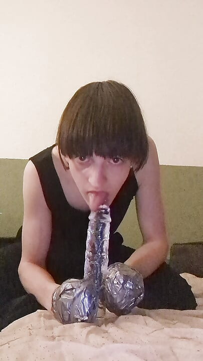 selfbondage mittens and dildo sucking