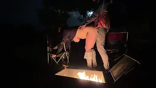 Wife caught masturbating in public restroom, then fucked by the campfire