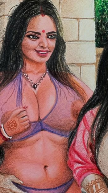 Arte erótico o dibujo de una mujer india sexy en luna de miel con esposo y novia