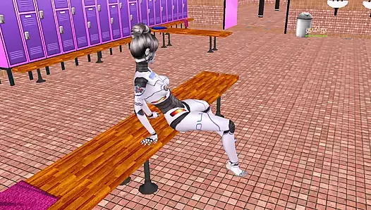 An animated porn video of a beautiful robot girl raiding a man's dick in reverse cowgirl position.
