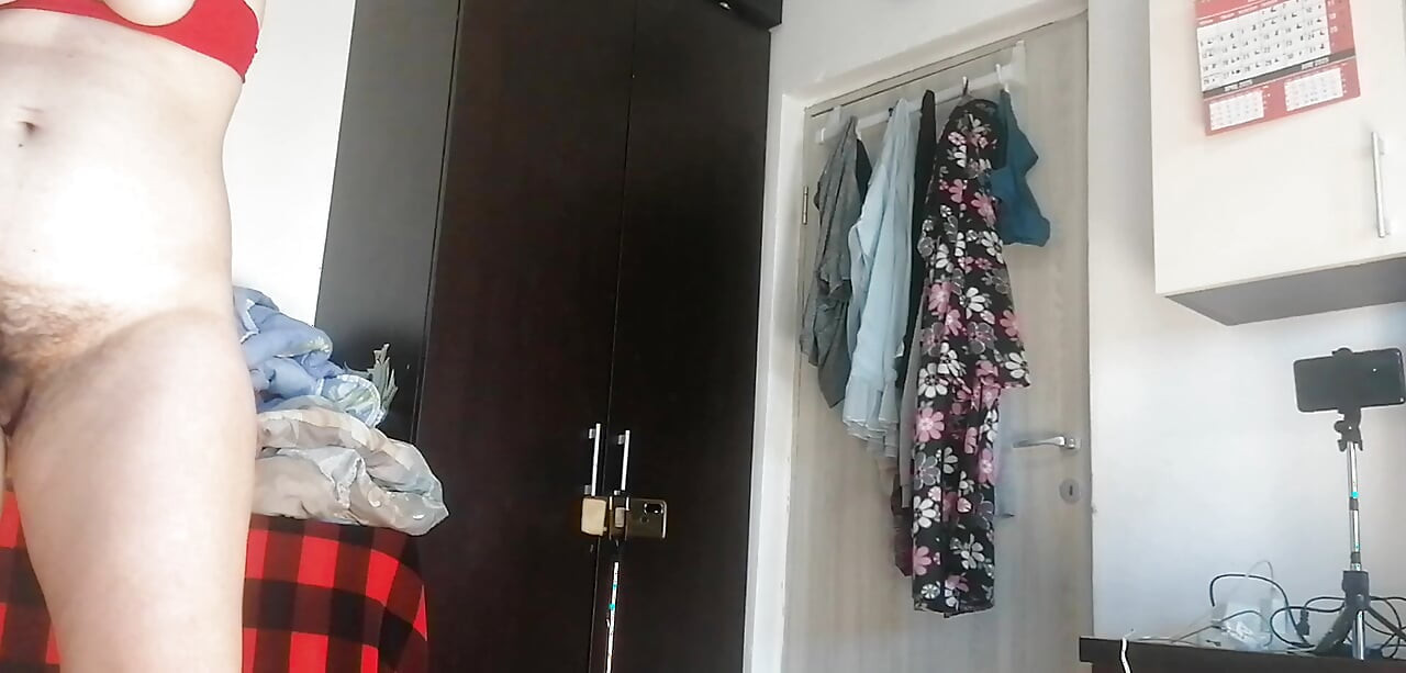 Amateur woman has fun trying on clothes and cutting them.