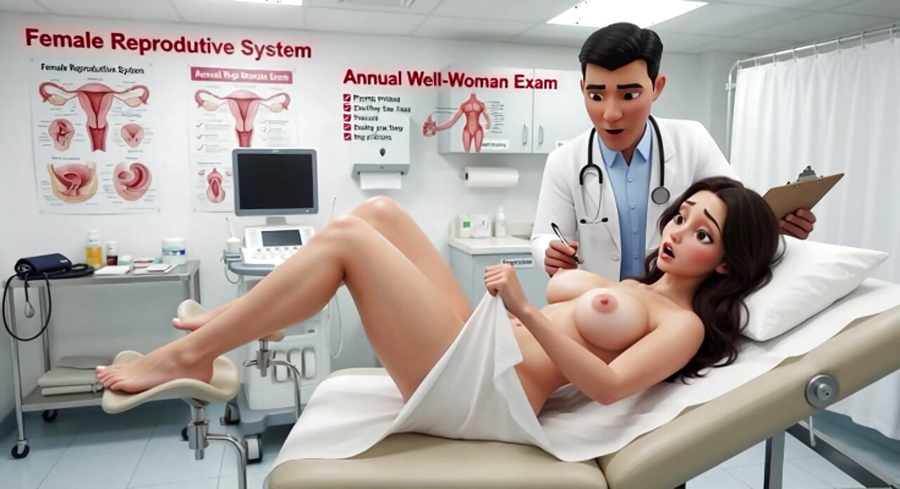 Frumoasa femeie brunetă cu forme pacientă este supusă unui examen ginecologic profesionist în timp ce este complet goală