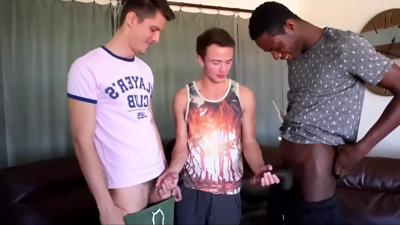 Two white boys bareback with a black stud