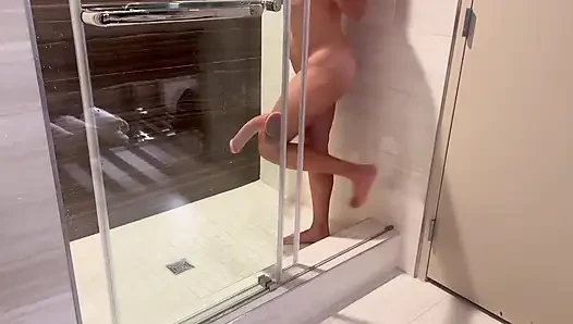 Latina MILF Stretching Pussy with Huge Cock Dildo in Shower