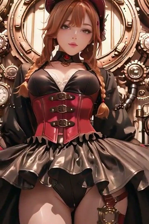 스팀펑크 공작부인! 기어 홀에서 괴롭히는 빨간 머리 기계 소녀.