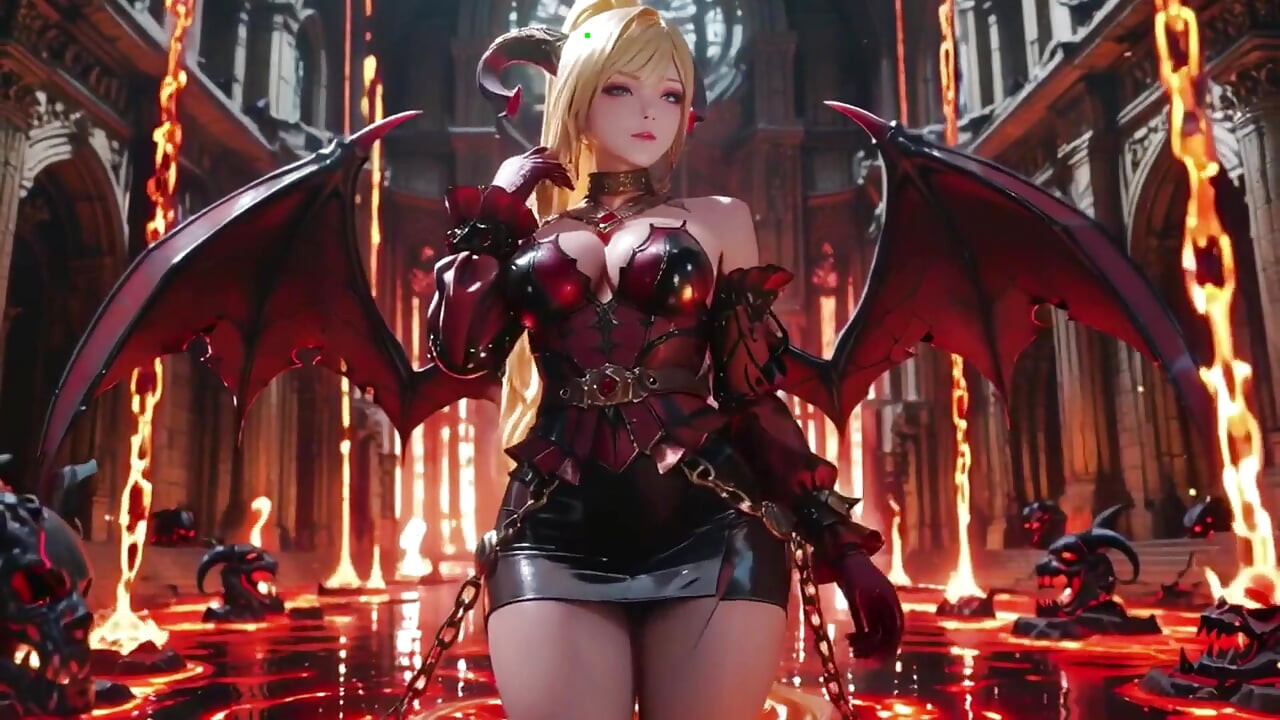 Lava Throne! Ratu iblis pirang berlutut & melebarkan sayapnya, malas menggoda dengan kaca.