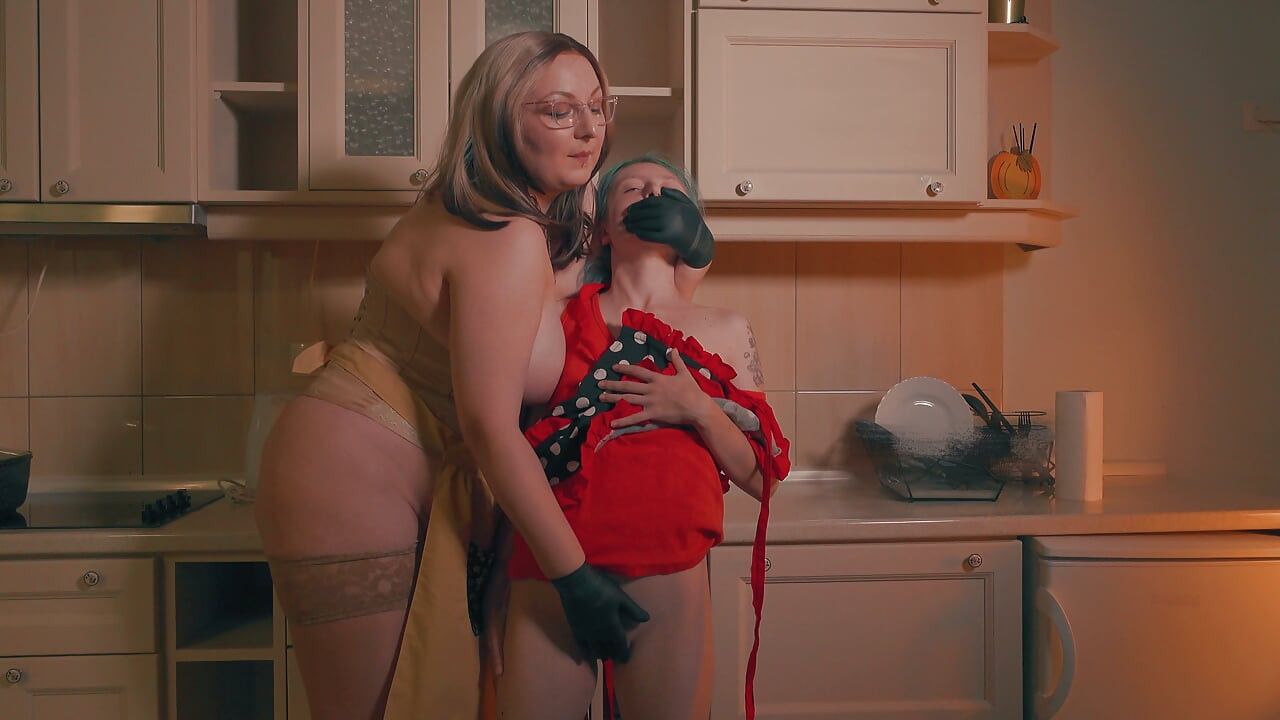 Gloved Hand Over Mouth - Big Stepmom Inspects & Humiliates Skinny Stepdaughter
