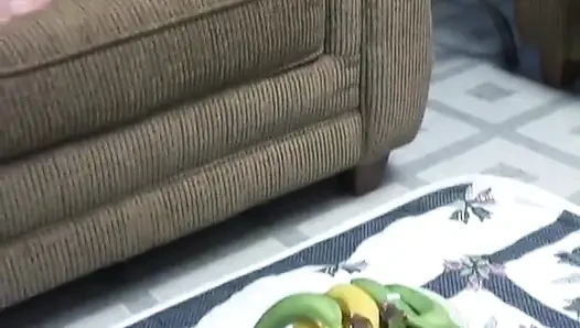 Hot, sexy teen redhead plays alone with bananas and loves it