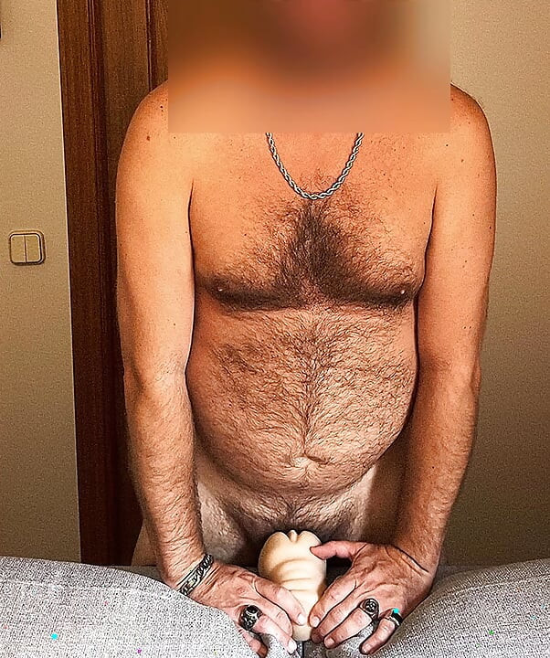 Fat and hairy Spanish fucks his toy with his small cock