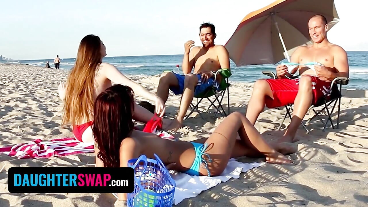 Stepdaughter Swap - Horny teens seduces each others daddies by getting topless while sunbathing