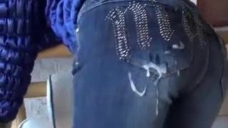 Cumshot on MILF ass in tight jeans