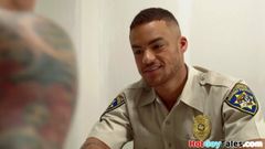 Inked stud blows cock before breeding with police officer