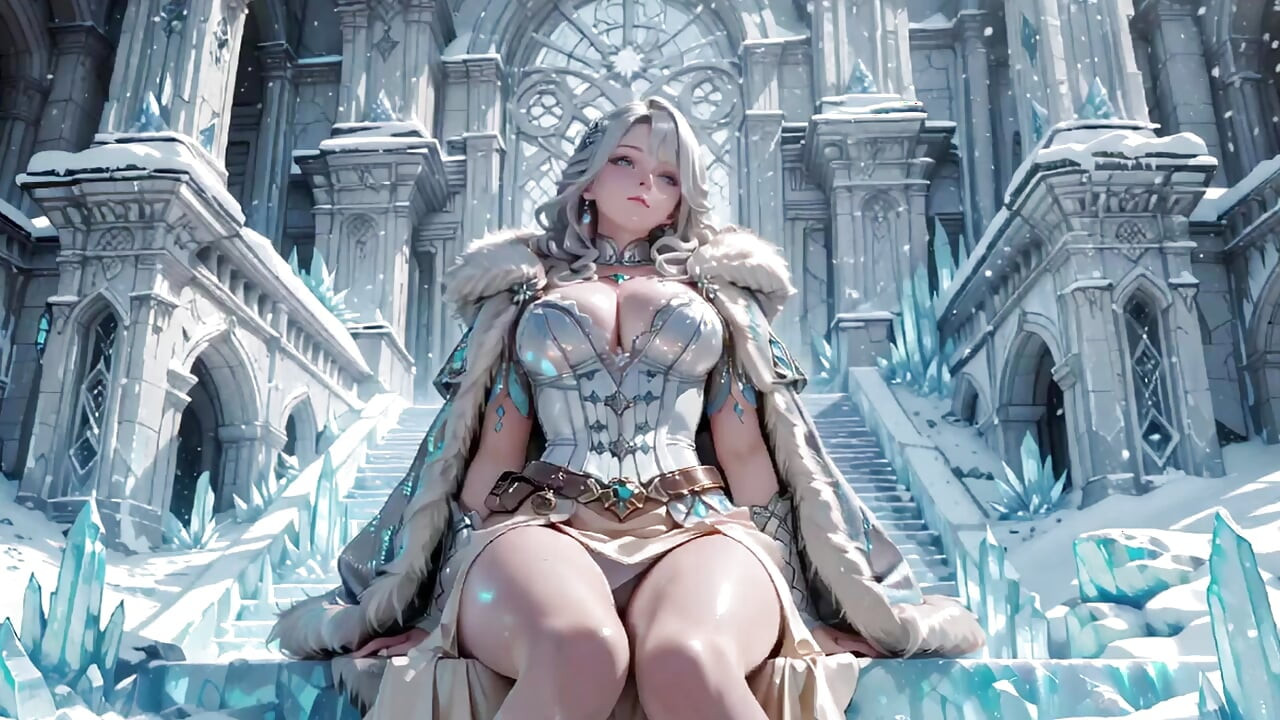 Silver-Haired Ice Queen! Kneeling in the Frozen Castle, her cold armor hides so many secrets. Hand on chest, biting lips...
