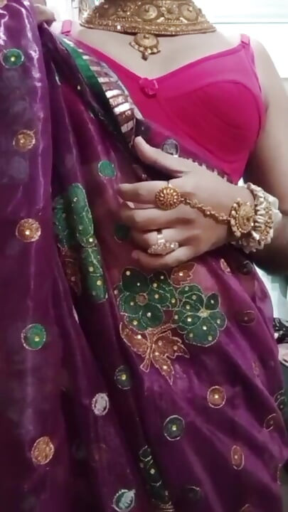 Indian Gay Crossdresser Bottom Gaurisissy Pressing and Playing with Her Big Boobs in Purple Saree with Heavy Jwellery