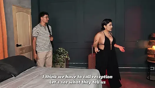 Skinny stepson shares hotel bed with his busty stepmother - They enjoy some great sex