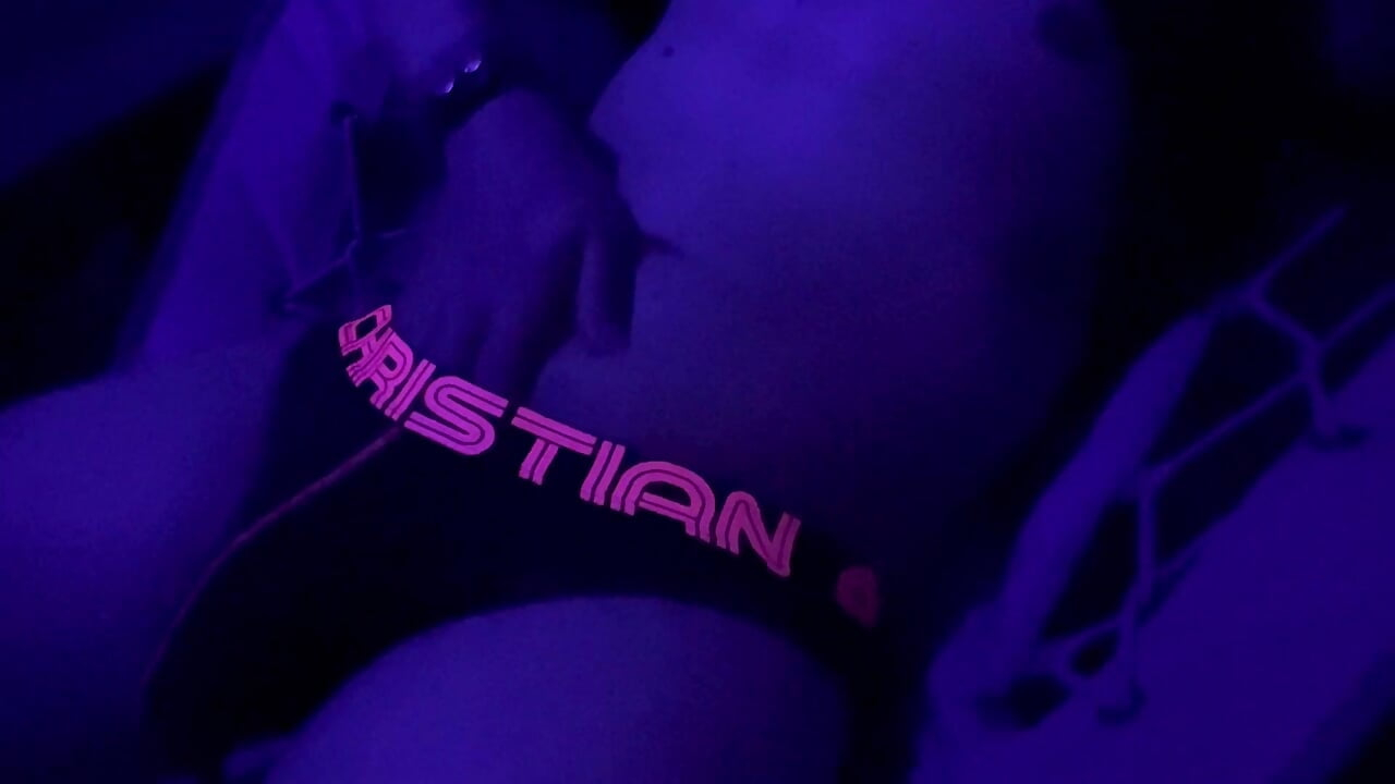 Feeling my body and grabbing my cock under black lights