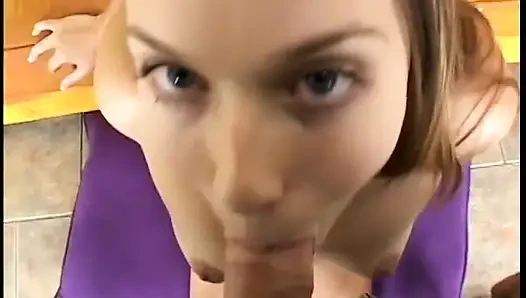 POV camera man films gorgeous brunette spreading her ass and sucking cock