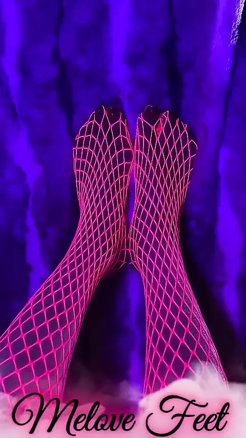 Pink Neon Fishnet on Sexy Small Asian Feet with Long Toes