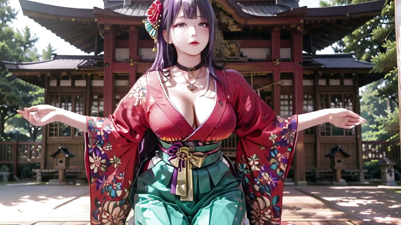 Garota de Cabelo Roxo de Quimono na Manhã Privada! O choque entre vermelho e verde é insano.