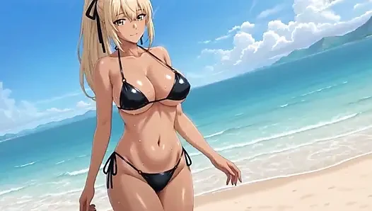 Eksibisualis rambut pirang nakal: ai orgasme solo di pantai sambil bugil: bikini striptis!