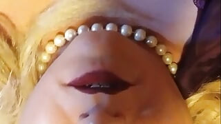 Crossdresser Carrie making herself cum in Purple lingerie