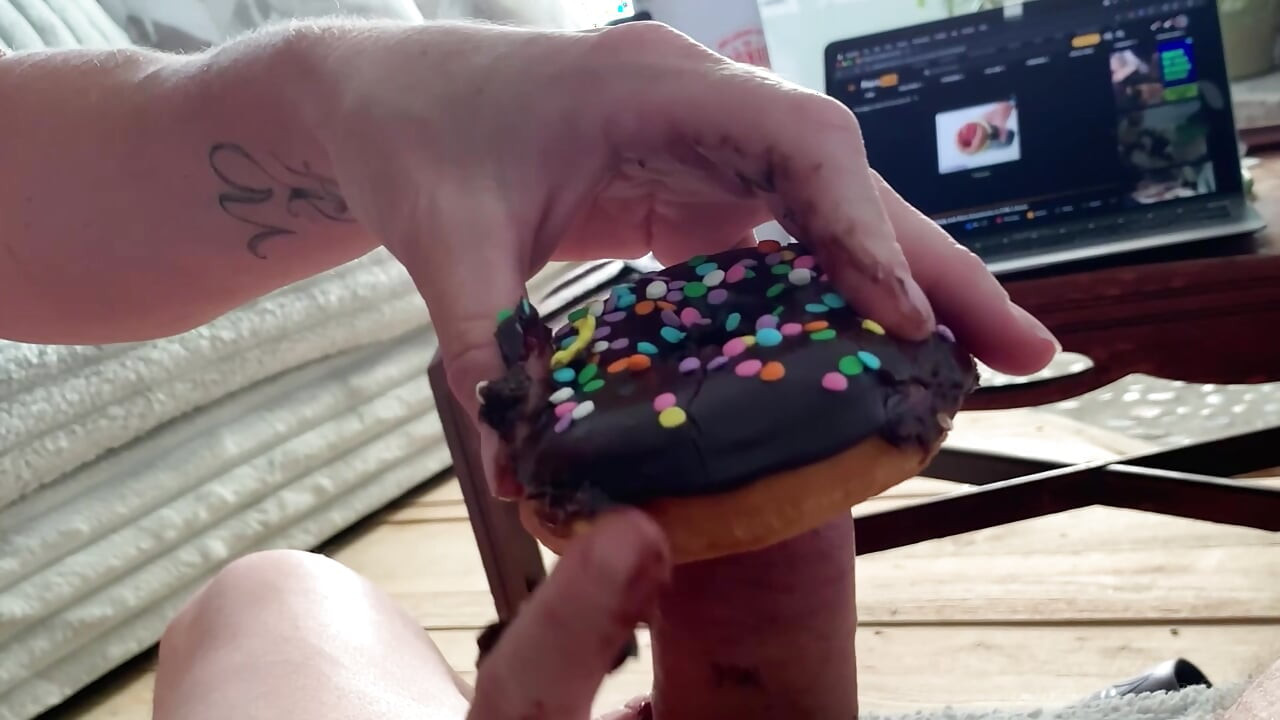 Eating Black chocolate Cock cum covered donut & sprinkles