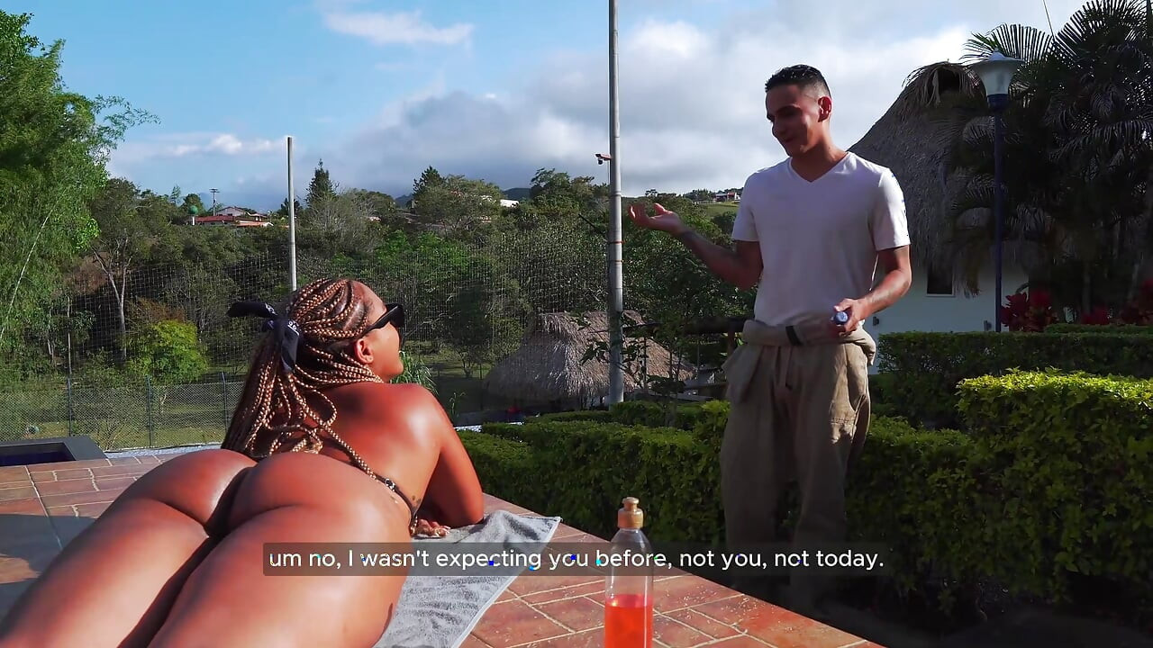 ebony brunette gets fucked on the terrace by her gardener with a huge cock