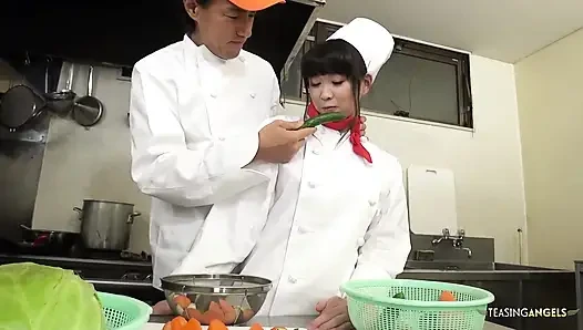 The chef and restaurant management reprimand the Asian cook by instructing her to squeeze thick veggies