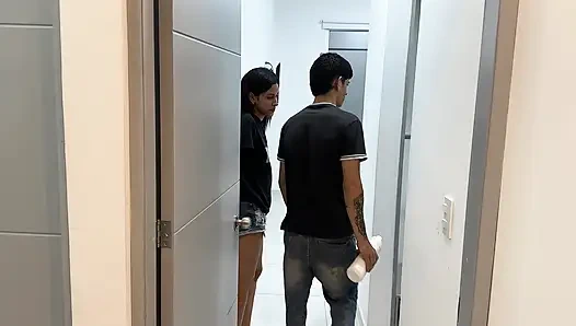 Handsome and muscular young man gives a hard fuck to the naughty horny girlfriend of his little midget best friend.