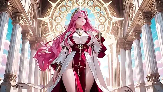 Sacred Red Robes Reveal a Private Bedroom Where She Kneels by the Bed, Eyes Hazy and Lips Parted