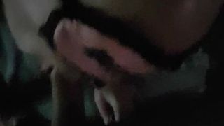 Blindfolded cum slet waiting on cock with open house door