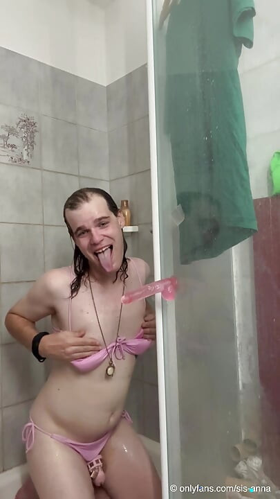 Sissygirl Anna taking a Shower with her Dildo - Amateur Femboy Anal n Blow Porn