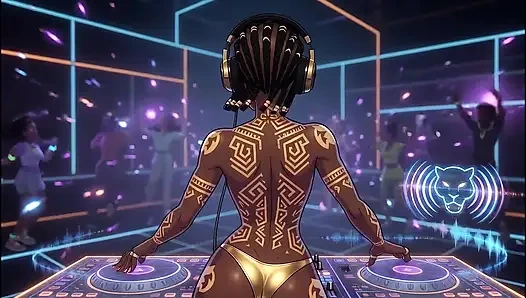 AI-DJ-Mädchen auf privater exklusiver party - Strand Sunset + Tron TRON + Tokio Neon