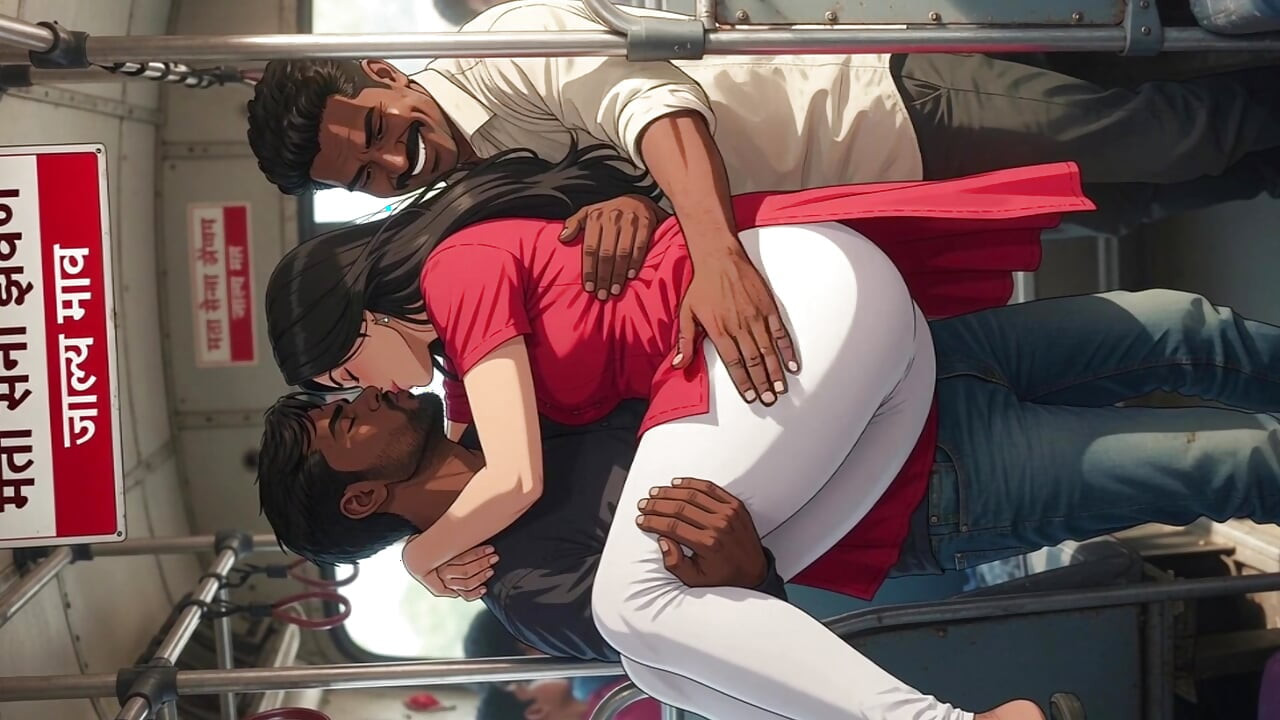 Peituda curvilínea indiana beleza é levantada e levada por homens ansiosos em ônibus lotado - cartoon ai video
