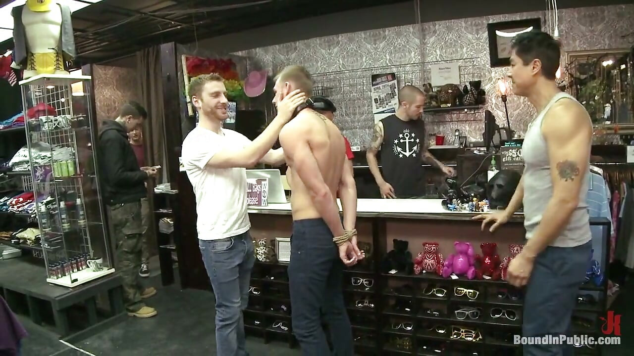 Ripped, hung stud gets used and fucked in a clothing store