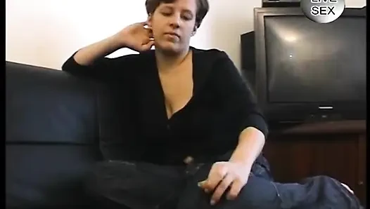 Busty brunette toying pussy before jerking cock until cumshot