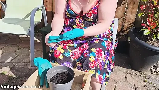 Aunt Jane Flashes Her Big Boobs While Gardening