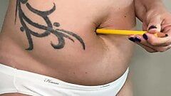 FTM hairy fucks big hairy belly button with a pencil.