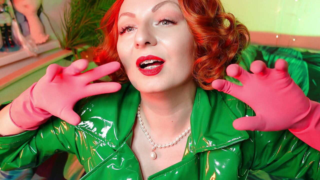 Pretty pin up model Arya and pink latex household gloves