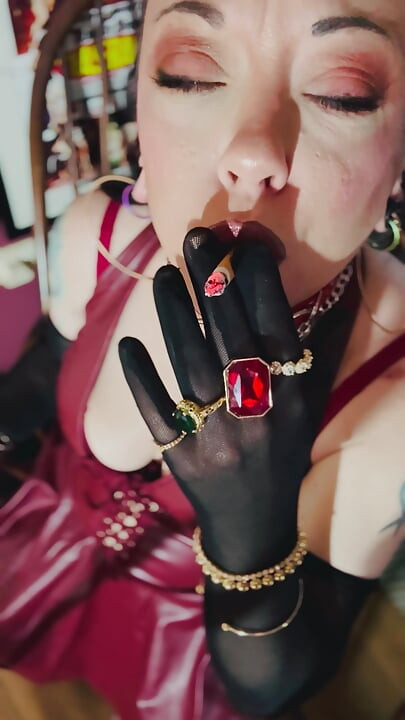 Red Leather & Cigarettes! Tina Snua Smoking A Cigarette Wearing Black Sheer Gloves & Jewelry