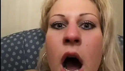 Blonde slut fingers her pussy and sucks guy's hard cock