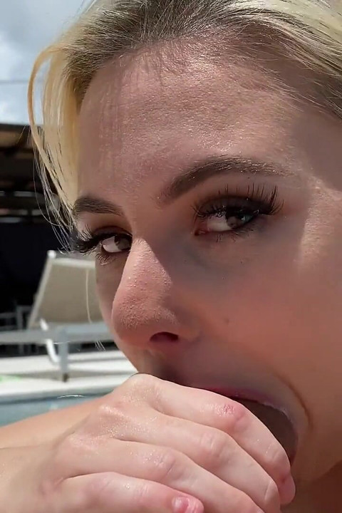 Cute Blonde Aria Banks loves to suck my cock outside by the pool