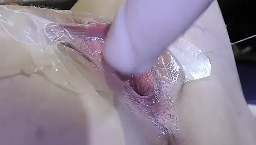 Very Close Spread Pussy Fucking with Dildo and Glass